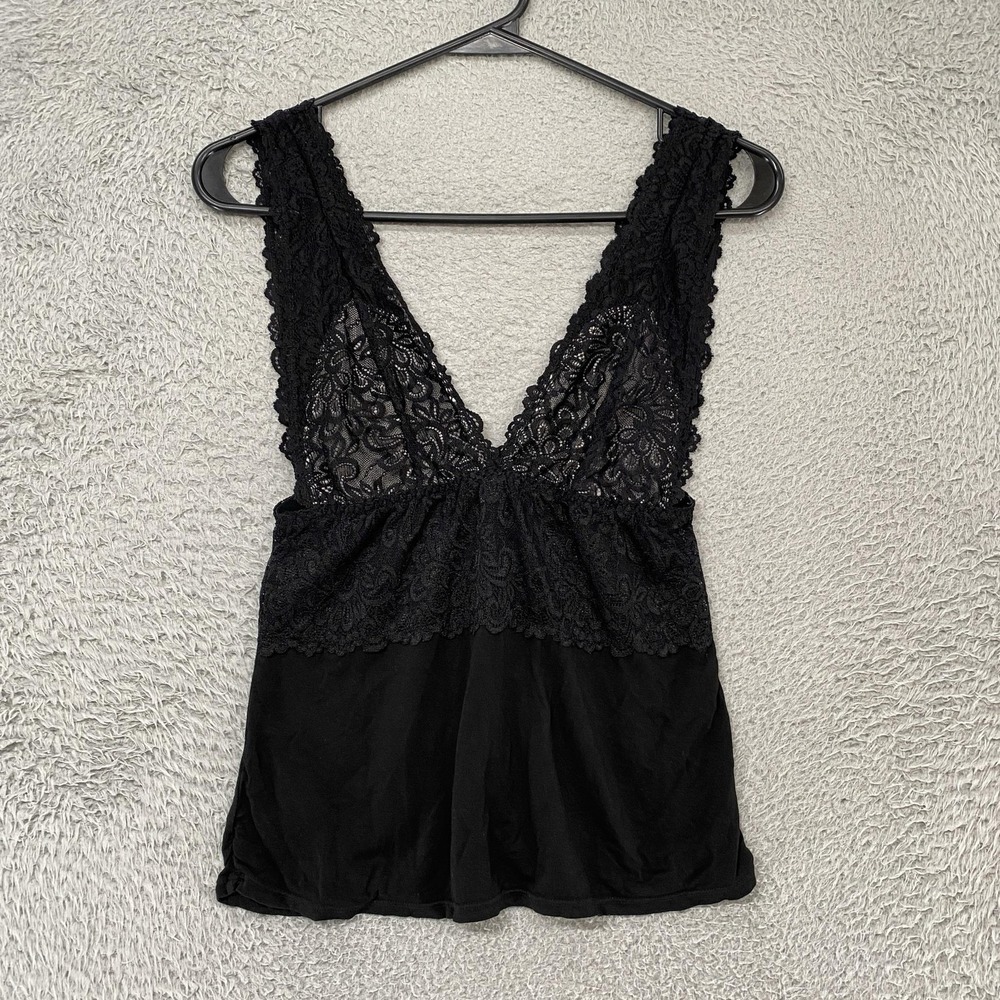 Y2K Babydoll Lace Tank Womens Small Black Floral Plunge Fairy Grunge Whimsigoth